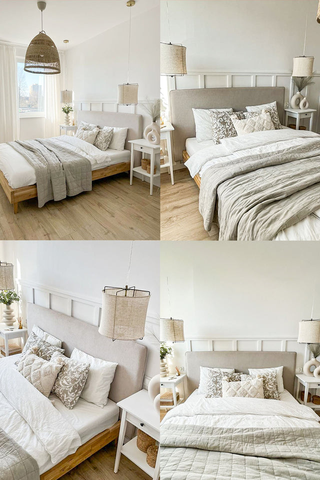 Beżowe łóżka tapicerowane do każdej sypialni.