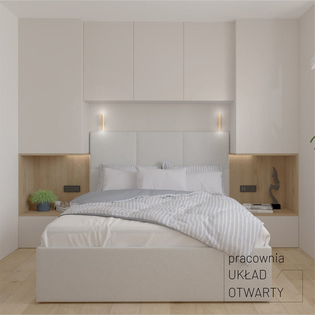 Łóżko z zagłówkiem z paneli tapicerowanych do sypialni w stylu glamour boho 3