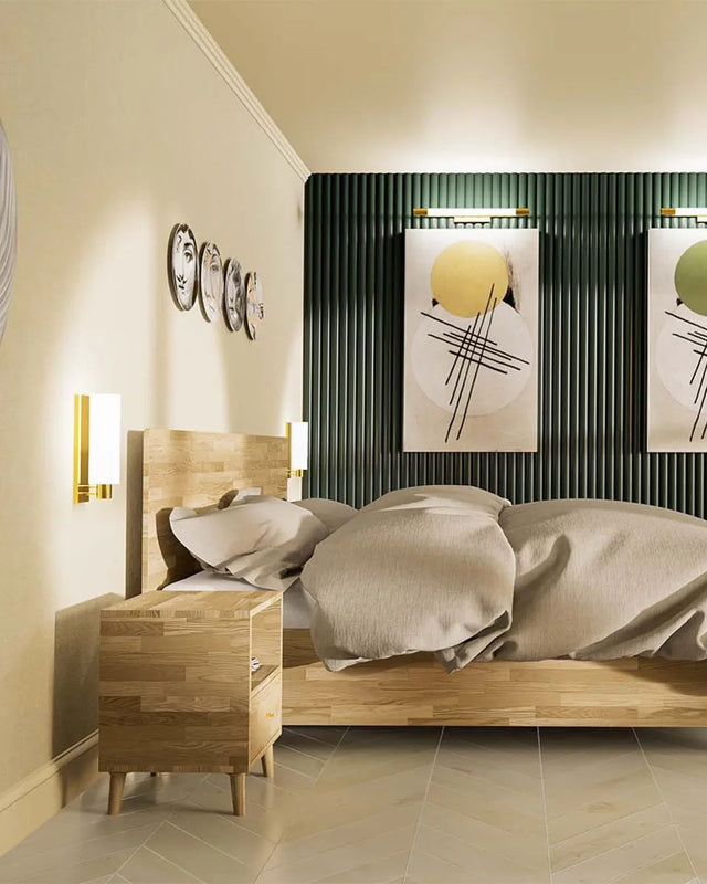 Stolik dębowy Tabb No 1 z półką i szufladą do sypialni w stylu japandi boho 4