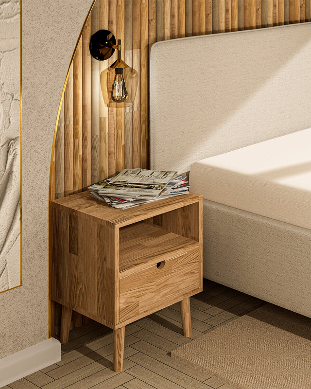 Stolik dębowy z półką i szufladą bez uchwytów z otworem 2