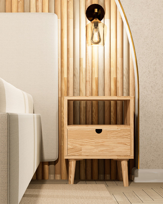 Stolik dębowy z półką i szufladą bez uchwytów z otworem 5