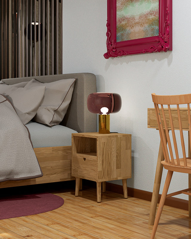 Stolik dębowy z półką i szufladą bez uchwytów z otworem 7