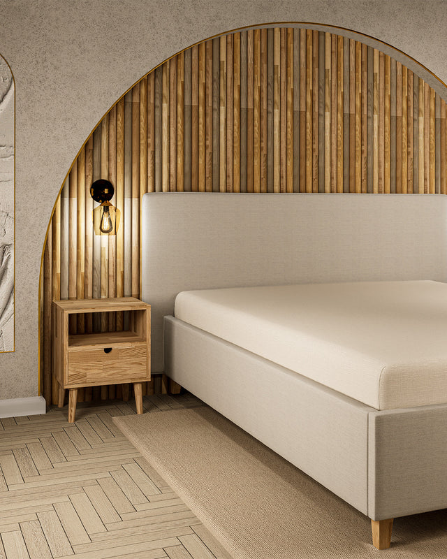 Stolik dębowy z półką i szufladą bez uchwytów z otworem 1